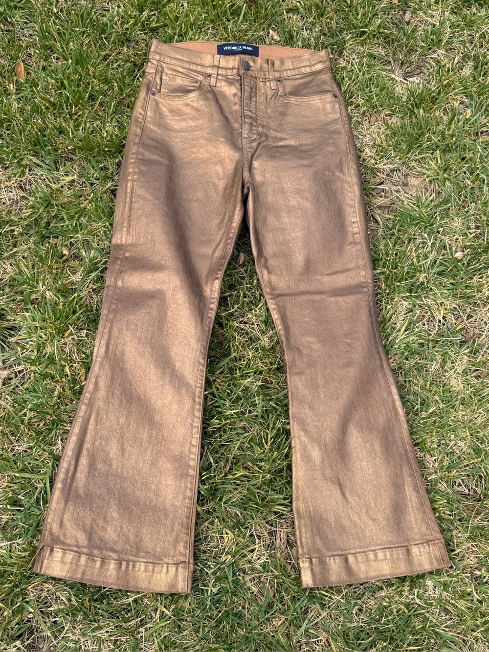 Veronica Beard Metallic Bronze Cropped Flare Jeans